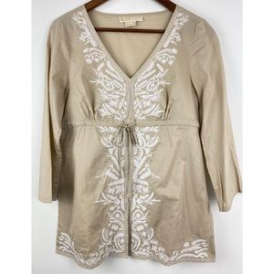 Michael Kors Sz Medium Khaki White Floral Embroidered 3/4 Sleeve V-neck Blouse